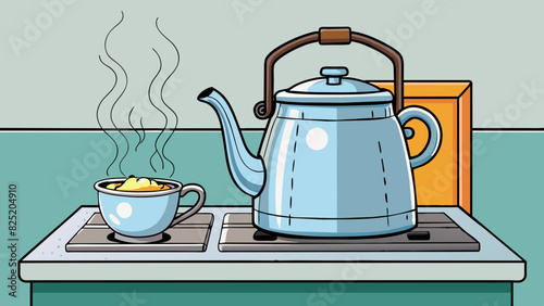 A sy metal kettle sits on a stovetop whistling as it brings the water to a rolling boil. Tea leaves are carefully measured and p into a metal infuser. Cartoon Vector.