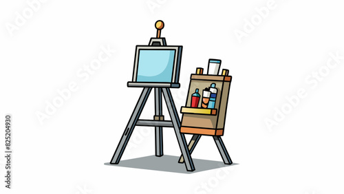 A sy metal easel stand with adjustable legs and a large canvas resting on it. The stand can be extended to different heights and angles allowing the. Cartoon Vector.