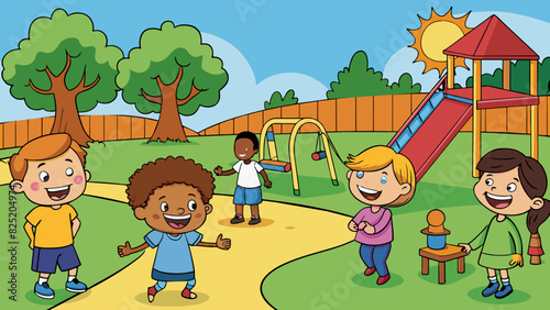 As you sit in the park you hear the distant laughter of children playing in the playground. The sound of their giggles and shrieks brings a smile to. Cartoon Vector.