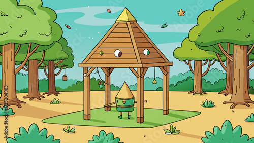 As you walk through a park youll usually come across a wooden structure with a small triangular roof. Its four legs are sy and firmly planted in the. Cartoon Vector.