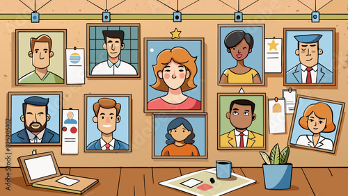 A talent agency representing various actors singers and performers. The walls of their office are adorned with posters and headshots of their clients.. Cartoon Vector.