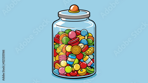 A tall glass jar filled with various types of colorful candies sorted by type and piled into neat layers.. Cartoon Vector.