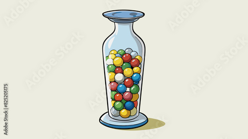 A tall glass vase filled with colorful marbles of different sizes. The vase has a narrow neck and a wide base giving it stability and a whimsical. Cartoon Vector.