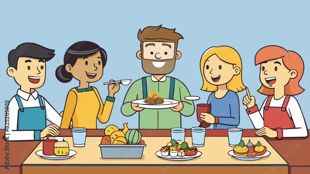 At a restaurant a group of friends share dishes and make sure everyone has enough before taking more demonstrating consideration and respect for each. Cartoon Vector. At a restaurant a group of friends share dishes and make sure everyone has enough before taking more demonstrating consideration and respect for each. Cartoon Vector.