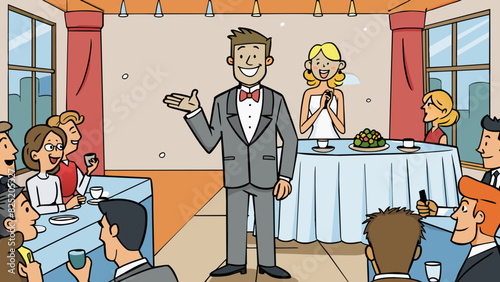 At a wedding reception the best man gave a heartfelt speech. His tone was sincere and emotional causing the room to fall silent as everyone listened. Cartoon Vector.