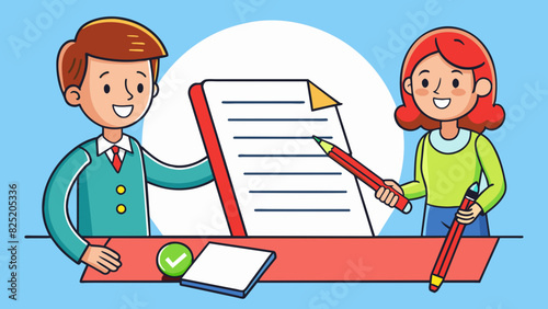 A teacher examining a students essay using a red pen to mark grammatical errors circle key themes and provide constructive feedback.. Cartoon Vector.