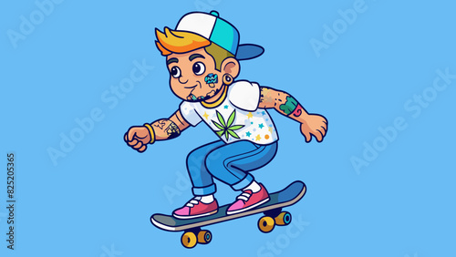A teenage skateboarder with baggy clothes and colorful tattoos. They move with ease and grace on their skateboard showcasing their athleticism while. Cartoon Vector.