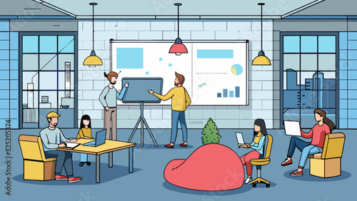 A tech startup housed in a sleek modern office space with large windows and exposed brick walls. The open floor plan fosters collaboration and. Cartoon Vector.