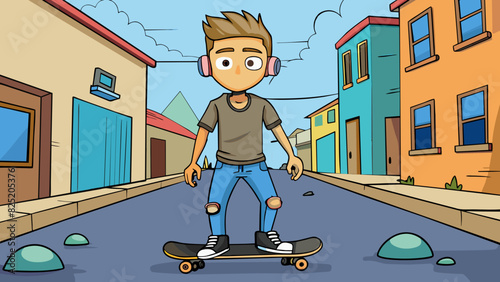 A teenage boy sits on a skateboard wearing a worn tshirt and ripped jeans. He has headphones in nodding along to music as he zooms down the street. Cartoon Vector.