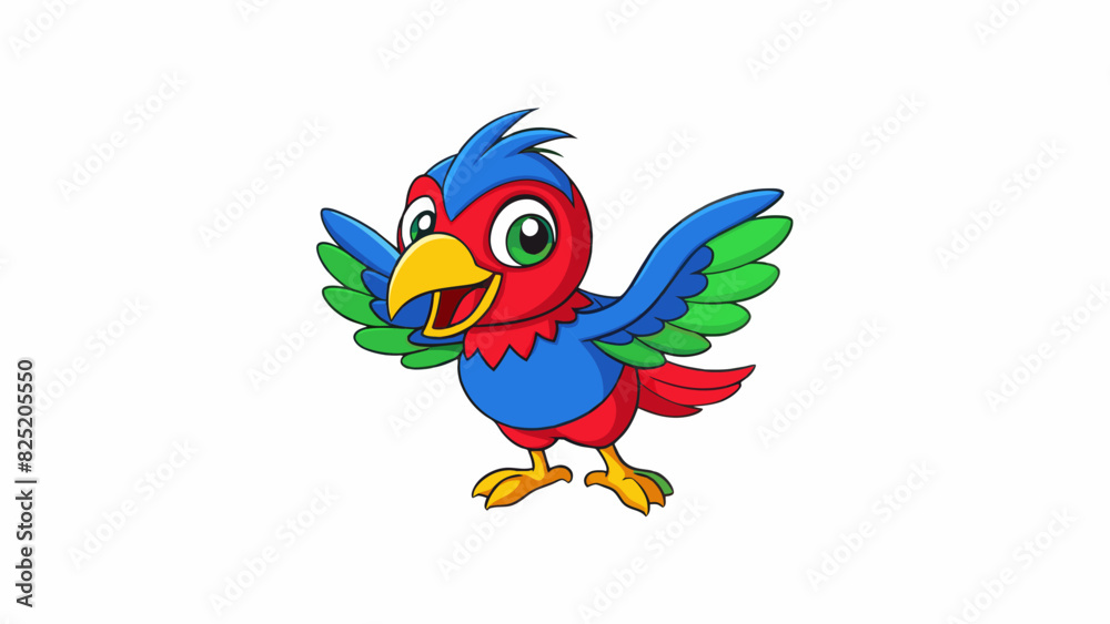 Obraz premium A third bird catches my eye with its vibrant colors its head is a bright blue its body a deep red and its wings are a mix of yellow and green. Its. Cartoon Vector.