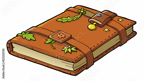 A thick leatherbound book with a worn spine and tattered pages. It is filled with pressed flowers and handwritten notes and has a small leather s to. Cartoon Vector.