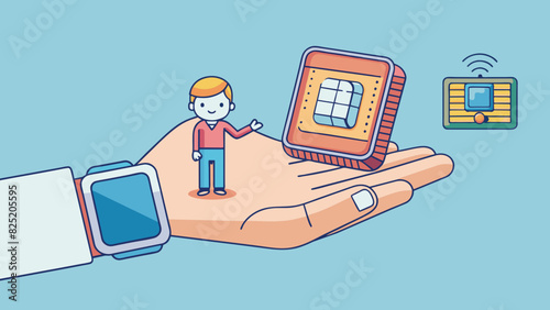 A tiny shiny chip implanted in a persons wrist acts as their personal assistant allowing them to access information make purchases and even control. Cartoon Vector.