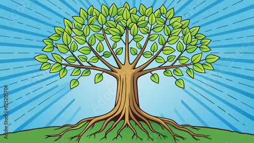 A towering tree whose leaves shimmered in the sunlight and whose roots reached deep into the earth providing stability and nourishment.. Cartoon Vector.