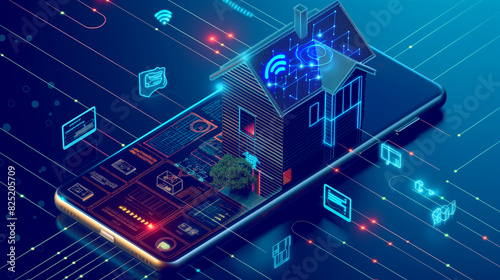 Concept of smart home technology integrates small house with mobile phone-controlled devices. Wireless connections enable remote access and efficiency. Features include smart lighting  thermostat
