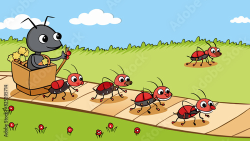 A trail of ants carrying tiny crumbs away from a picnic blanket.. Cartoon Vector.