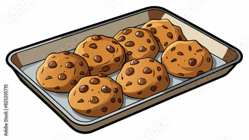 A tray of freshly baked chocolate chip cookies still warm from the oven. The cookies are thick and chewy with crisp edges and gooey chocolate chunks. Cartoon Vector.
