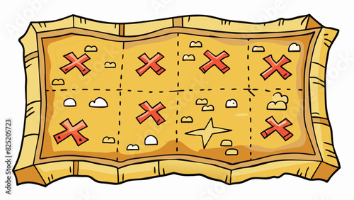 A treasure map with nine X marks each one leading to a different hidden treasure. The map is old and tattered with faded ink and intricate drawings.. Cartoon Vector.