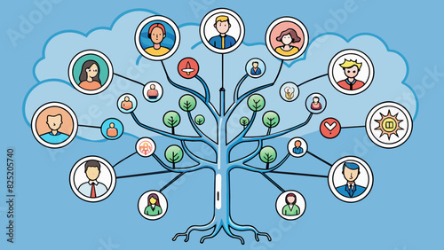 A tree with intertwining roots showing the interconnected web of relationships and social connections that can shape an individuals thoughts actions. Cartoon Vector.