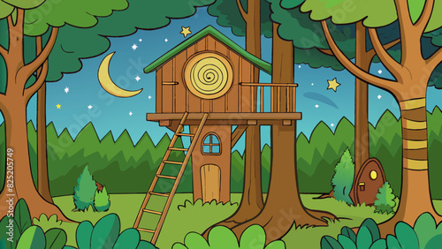 A treehouse tucked away in a lush forest with natural wooden beams a sy ladder and a circular window to stargaze at night.. Cartoon Vector.