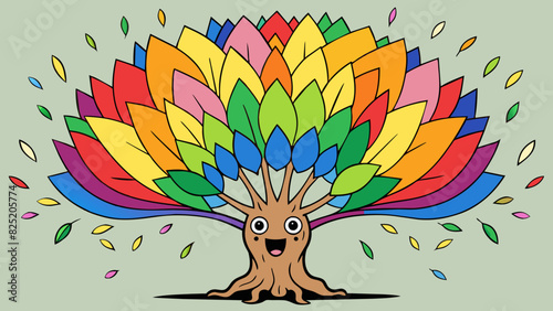 A tree with leaves of every color imaginable like a magical rainbow had exploded and landed on each individual leaf.. Cartoon Vector.