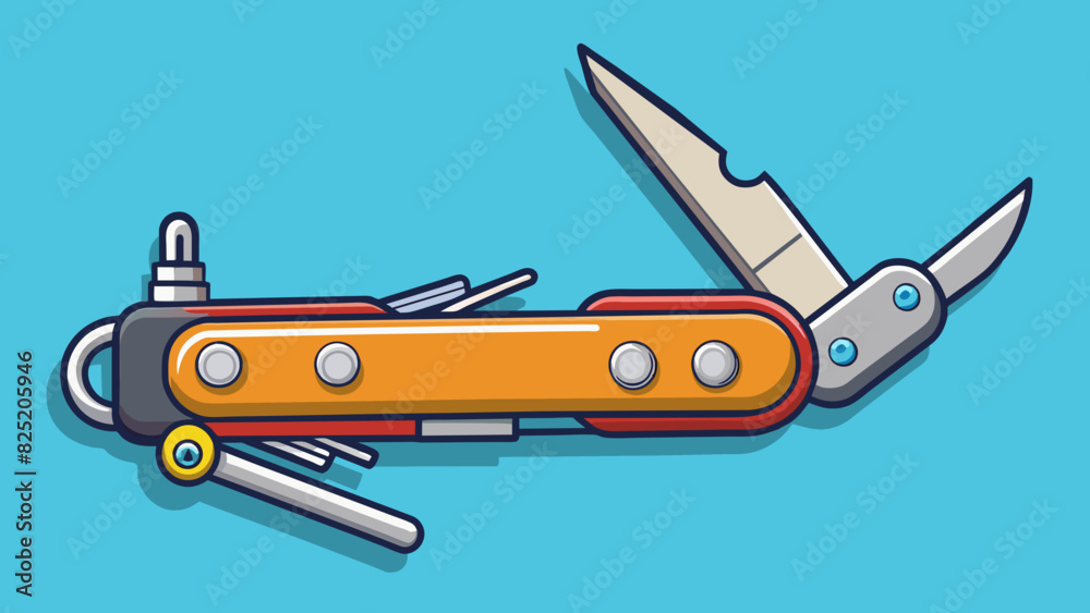 Fototapeta premium A versatile multitool with a sy stainless steel frame and various attachments including a bottle or and screwdriver perfect for outdoor adventures and. Cartoon Vector.