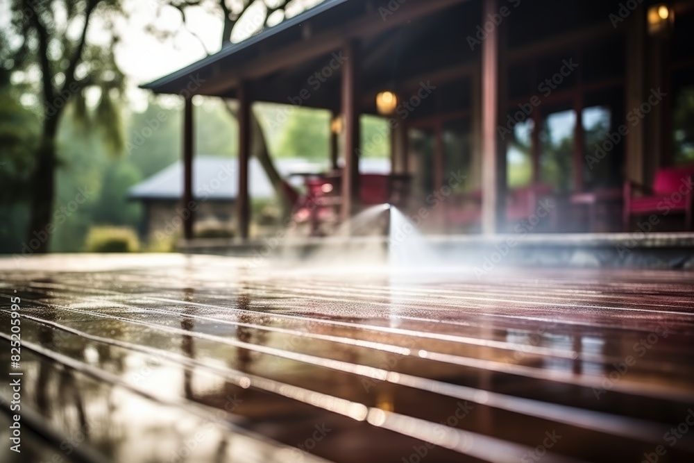 Man using high pressure cleaner to power wash the wooden terrace floor for thorough cleaning Man using high pressure cleaner to power wash the wooden terrace floor for thorough cleaning