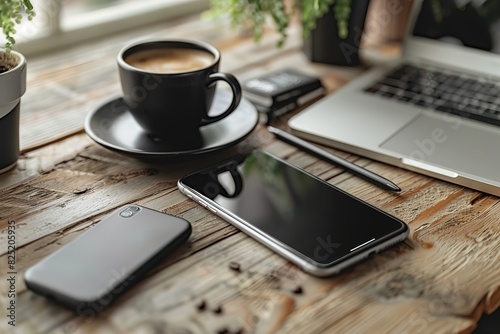 A laptop and a cell phone are on a wooden table with a cup of coffee