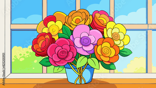 A vibrant bouquet of flowers rests on a windowsill soaking up the warm sunlight. The flowers vary in color from bright pink to sunny yellow and the. Cartoon Vector.