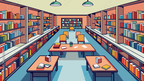A warm and cozy public library filled with rows of shelves filled with books of different genres and subjects representing the need for knowledge. Cartoon Vector.