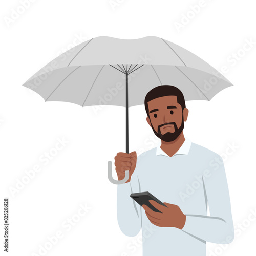 Sad man with umbrella stands in rain and reads SMS in mobile phone. Flat vector illustration isolated on white background