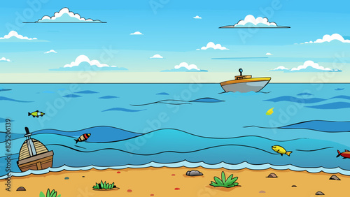 A wide expanse of ocean its vast surface open to the sky and teeming with life beneath. The salty air and gentle waves invite seafarers to journey and. Cartoon Vector.