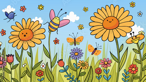 A wildflower meadow bursting with life and movement. Butterflies flit from flower to flower their delicate wings painted in shades of orange yellow. Cartoon Vector.