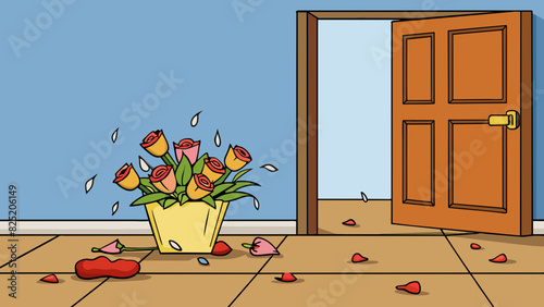 A wilted bouquet of flowers with petals falling off and the stems drooping p on a doorstep in front of a closed door.. Cartoon Vector.
