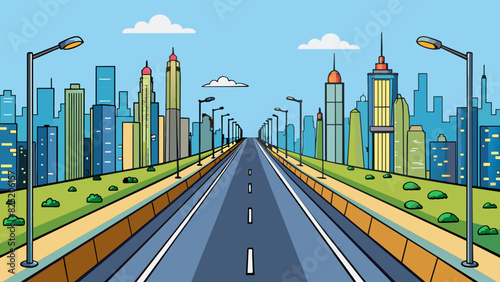 A wide busy highway flanked by towering skyscrs with rows of glittering streetlights leading towards a distant cityscape on the horizon.. Cartoon Vector.