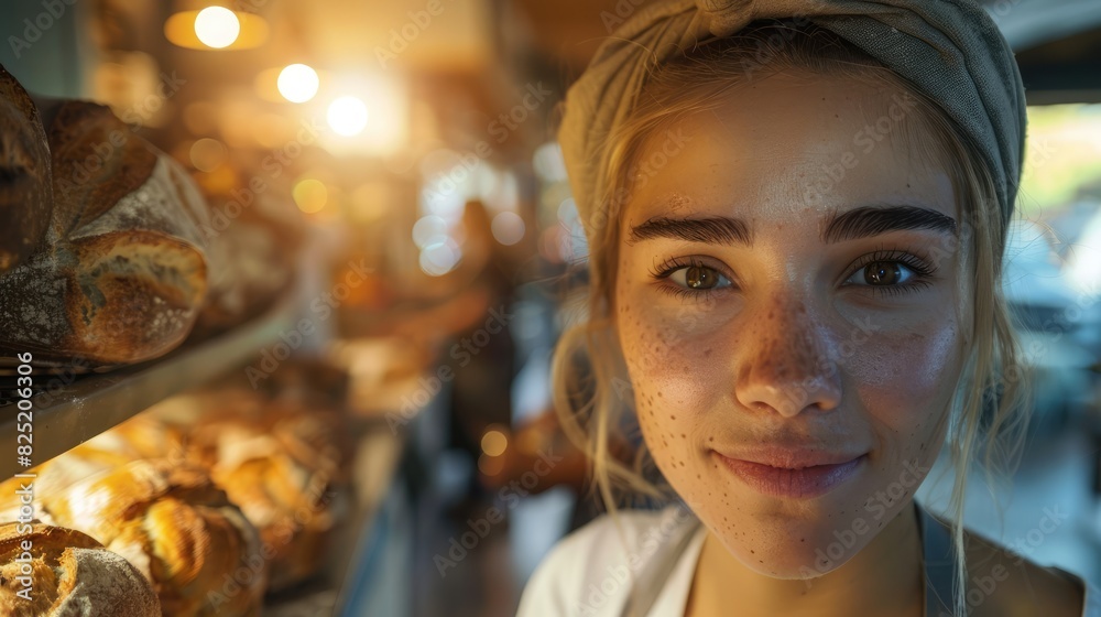 Detailed close-up of a female baker's face lit by the oven's warm glow in a charming suburban bakery. She gazes at the perfectly baked bread while blurred customers in the background show
