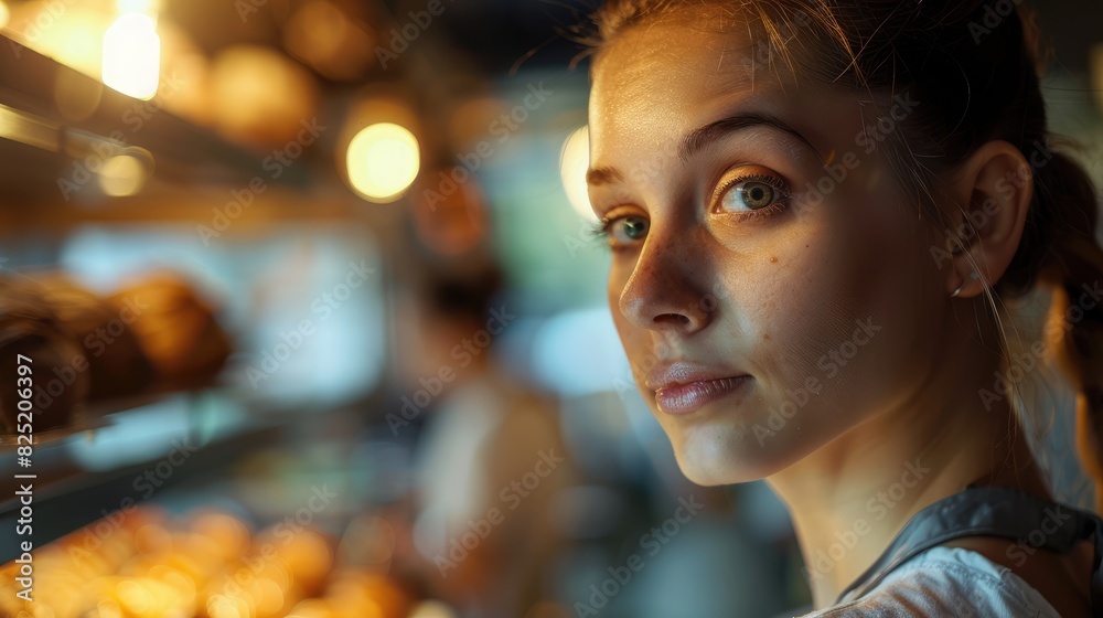 Detailed close-up of a female baker's face lit by the oven's warm glow in a charming suburban bakery. She gazes at the perfectly baked bread while blurred customers in the background show Detailed close-up of a female baker's face lit by the oven's warm glow in a charming suburban bakery. She gazes at the perfectly baked bread while blurred customers in the background show