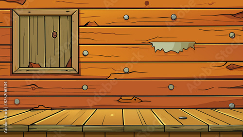 A wooden plank wall with distressed paint and visible knots in the wood adding a rustic charm to the room.. Cartoon Vector.