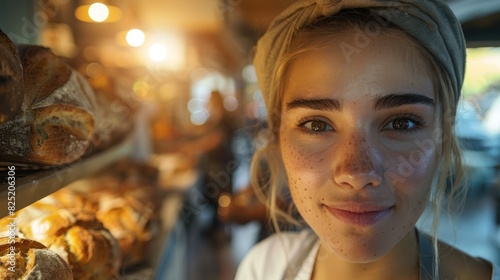 Detailed close-up of a female baker s face lit by the oven s warm glow in a charming suburban bakery. She gazes at the perfectly baked bread while blurred customers in the background show