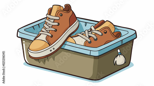 A worn out pair of shoes with holes in the soles and frayed laces tossed in a donation bin.. Cartoon Vector.