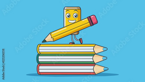 A yellow pencil is balanced on the edge of a stack of books the eraser end ly touching the tabletop.. Cartoon Vector.