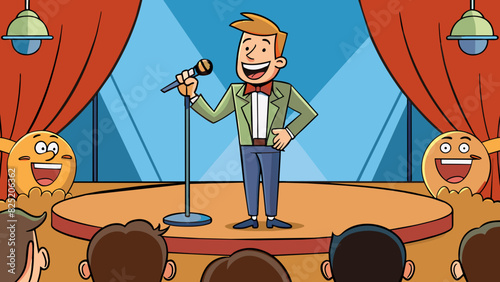 A y laugh erupted from the comedian on stage resonating throughout the room with its power. It was full of humor and confidence drawing the audience. Cartoon Vector.
