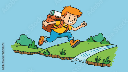 A young boy carefully jumping across a small stream on a hike his backpack bouncing on his shoulders as he lands on the other side.. Cartoon Vector.