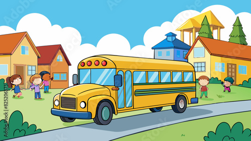 A yellow school bus making its rounds through a suburban neighborhood stopping to pick up and drop off students along the way. The object is large sy. Cartoon Vector.