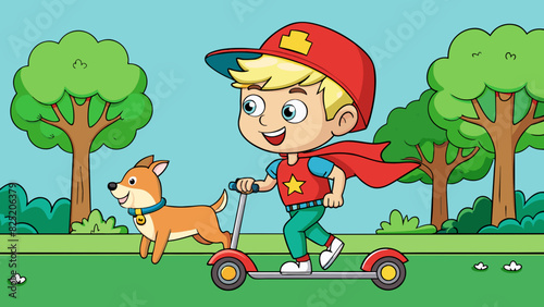 A young boy with messy blonde hair wearing a red baseball cap shorts and a superhero tshirt riding a green scooter and eagerly chasing after his dog. Cartoon Vector.