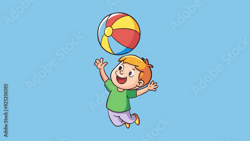 A young child excitedly throws a colorful bouncy ball high into the air. The balls smooth surface and lightweight material allow it to easily fly. Cartoon Vector.
