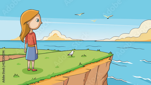A young girl stands on the edge of a cliff gazing out at the vast ocean below. The moment is serene and peaceful with the sun shining down on the calm. Cartoon Vector.