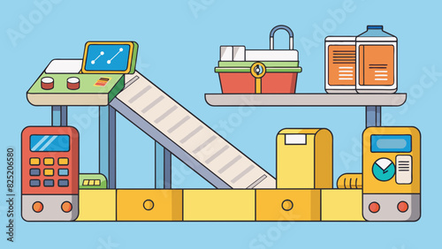 Characteristics Different products on a conveyer belt barcode scanners a cash register display showing numbers.. Cartoon Vector.