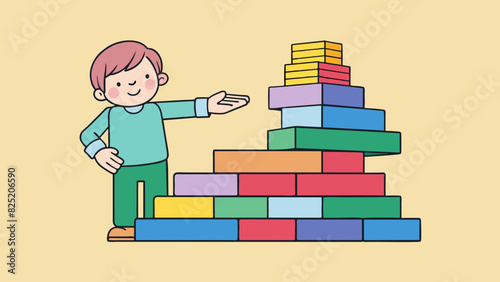 Characteristics Small rectangular blocks stacked on top of each other different colors and sizes childs hands grasping them.. Cartoon Vector.