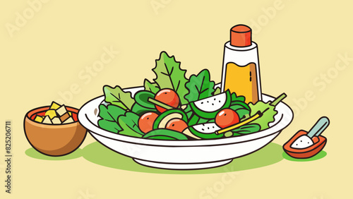 Create a salad Using fresh greens chopped vegetables and homemade dressing toss together a colorful and healthy dish.. Cartoon Vector.