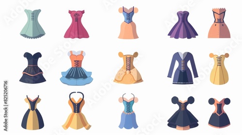 Flat color icons of corset bodice dresses with quadrate borders on a white background photo